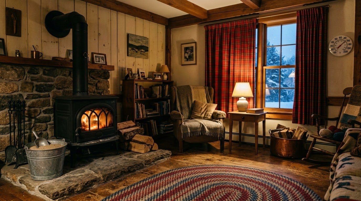 A farmhouse living room in winter with a small wood stove and a bucket of sand on the hearth